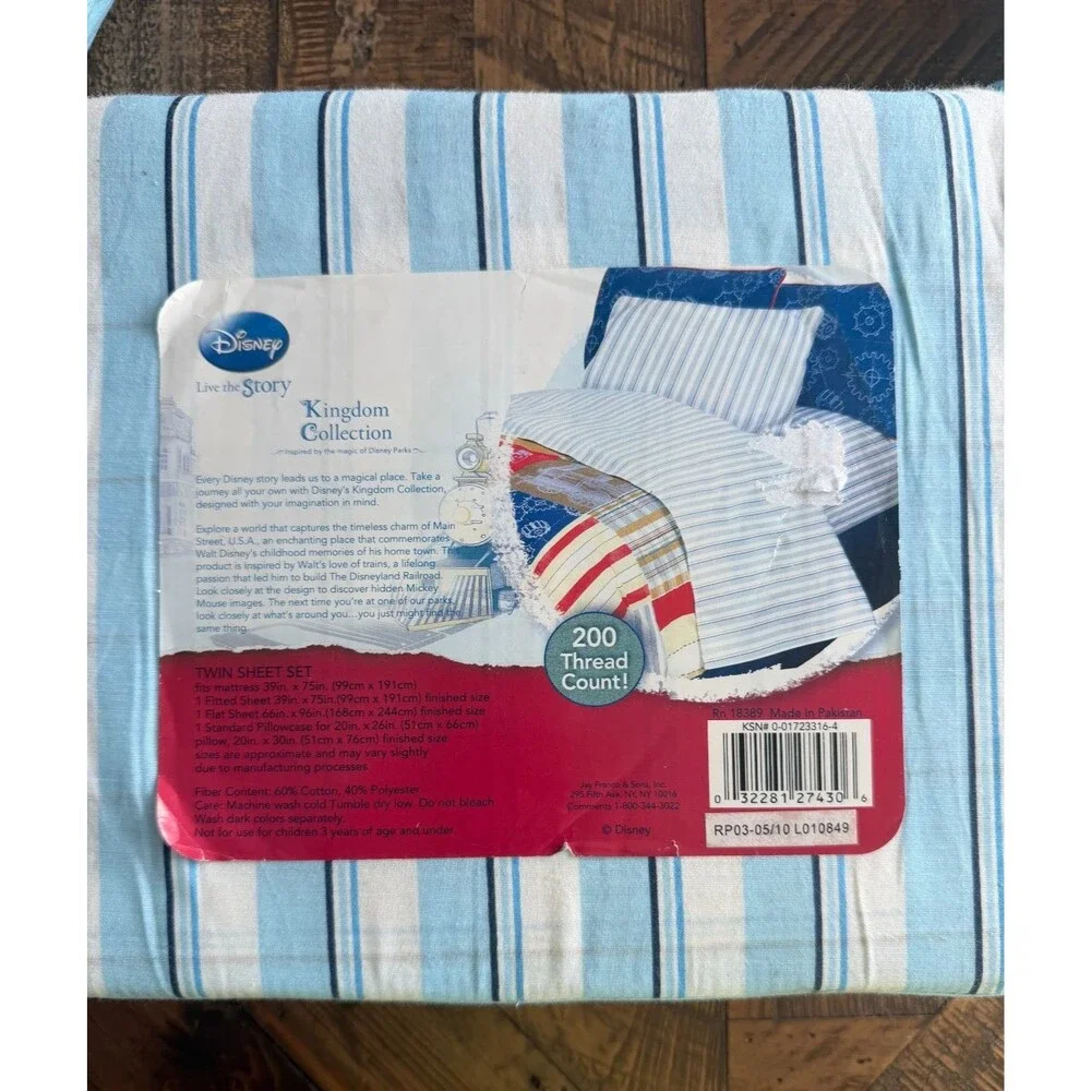 Disney Kingdom Collection Blue White Stripe 3 Piece Twin Sheet Set NEW Bedding